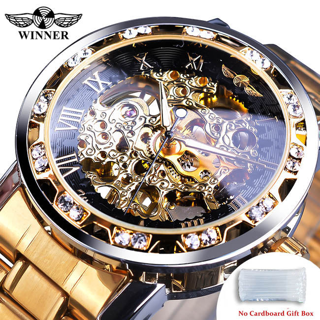 Winner Watch Men's Fashion Casual Hollow Rhinestone Manual Mechanical Watch