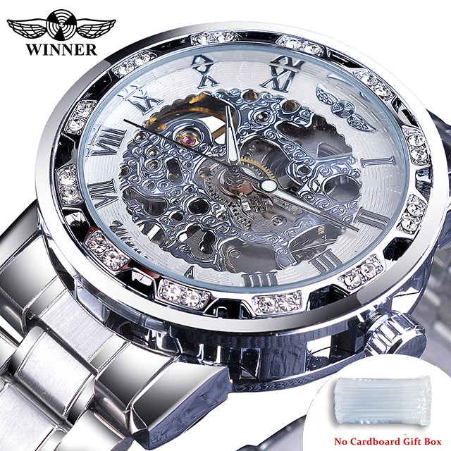 Winner Watch Men's Fashion Casual Hollow Rhinestone Manual Mechanical Watch