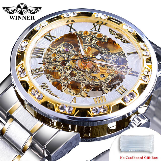 Winner Watch Men's Fashion Casual Hollow Rhinestone Manual Mechanical Watch