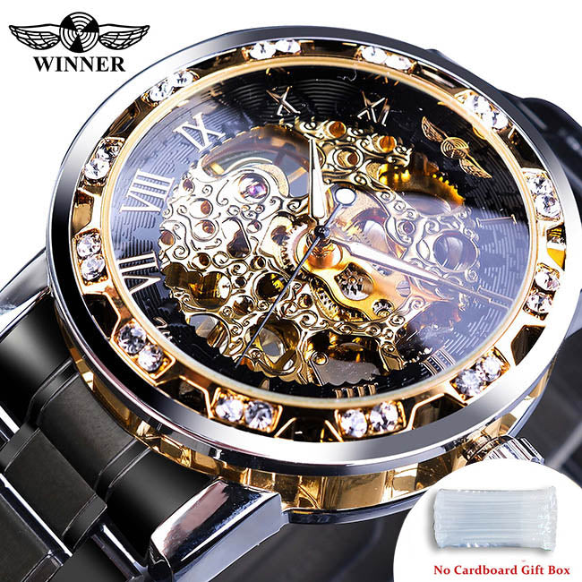 Winner Watch Men's Fashion Casual Hollow Rhinestone Manual Mechanical Watch