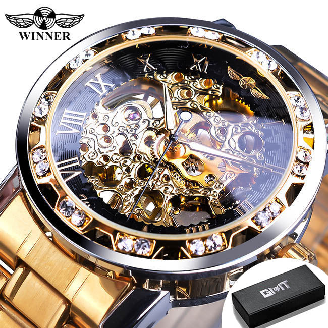 Winner Watch Men's Fashion Casual Hollow Rhinestone Manual Mechanical Watch