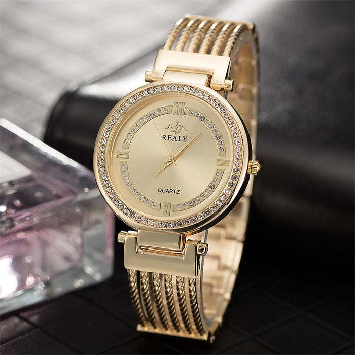 Fashion Gold Watches Simple Dial Ladies Quartz Wristwatches Casual Alloy Creative Bracelet Strap