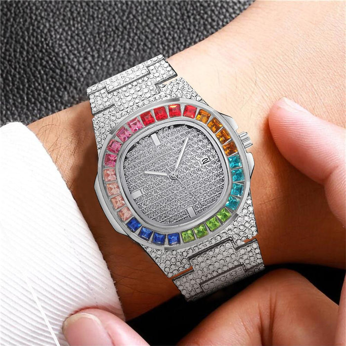 Luxury Branded Watches Stainless Steel Diamond Strap Fashion Men Calendar Watch