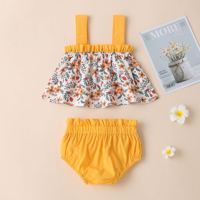 Girls' yellow suspender small floral clothes + shorts two-piece set