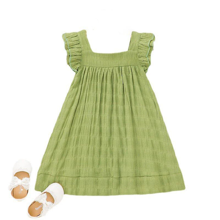 Girls' skirt Avocado Green Square Neck fly sleeve pleated skirt