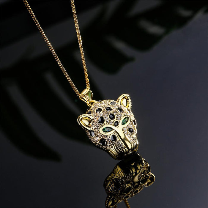 Zircon Leopard Head Pendant Personality Oil Drop Gold Color Necklace