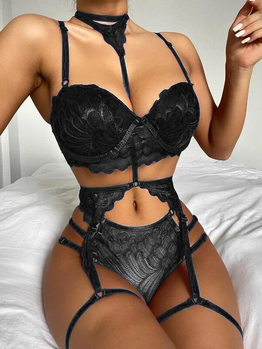 Women's Sexy Lace Underwear Garter Lingerie Three Piece Set