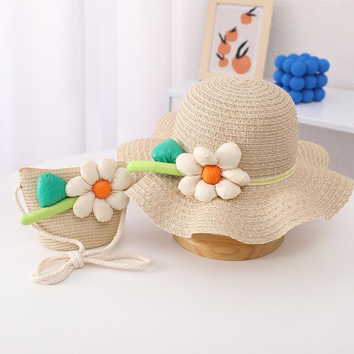 Trendy Three-dimensional Five-petal Flower Children's Wavy Straw Hat Bag Set