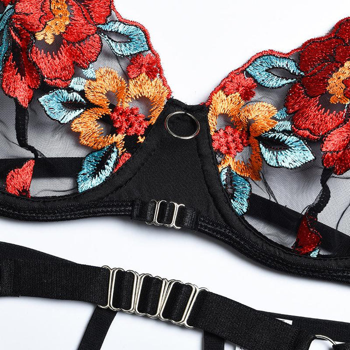 Women's Classic Embroidered Underwear Sexy Mesh Lingerie Set