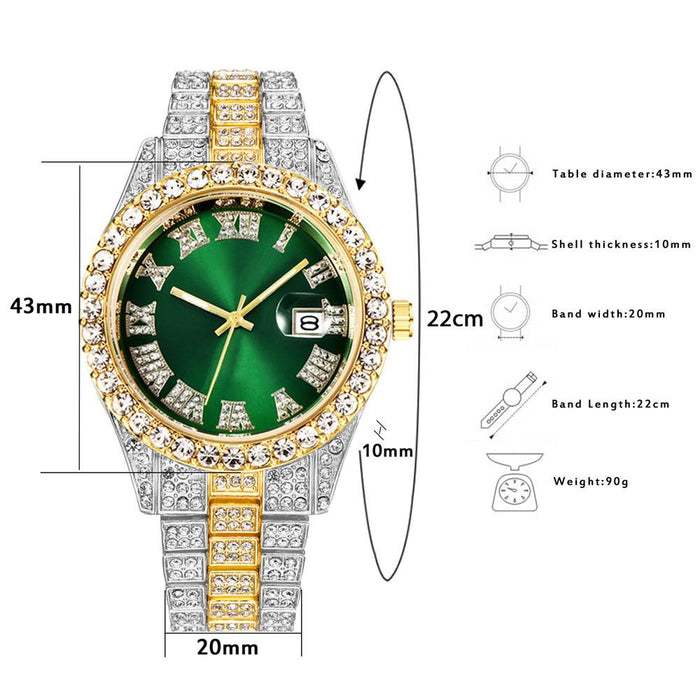 Stainless Steel Watch Big Rhinestone Men's Roman Scale Calendar Hip-hop Watches