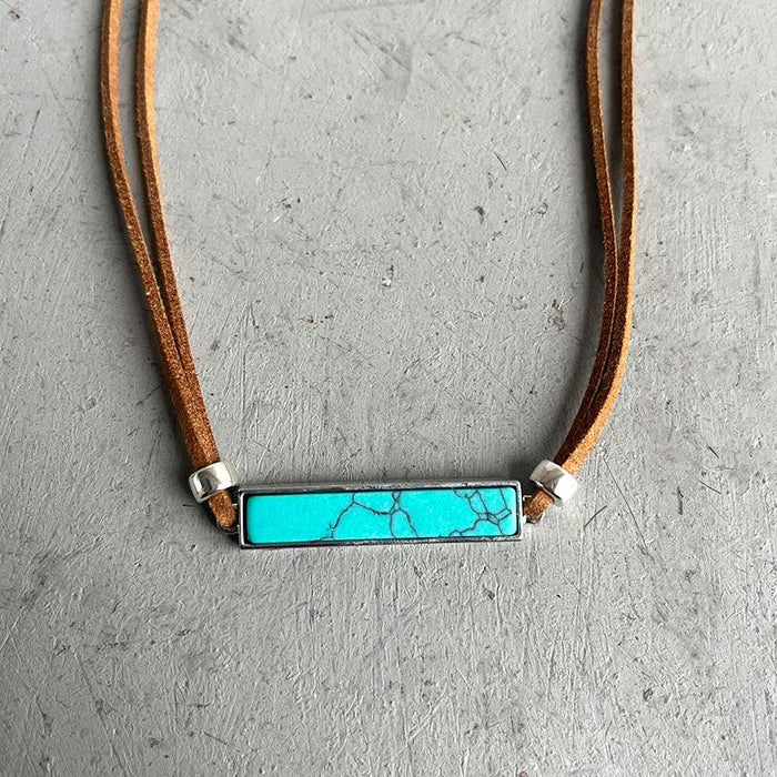 Western Long Strip Pine Stone Retro Leather Rope Necklace