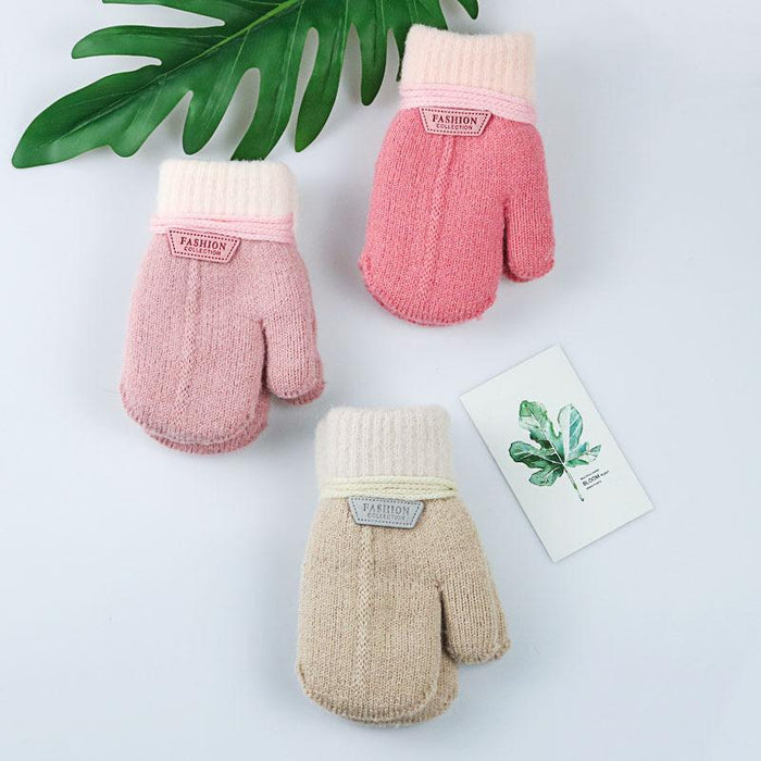 Winter Solid Thicken Plus Velvet Halter Gloves For Kids