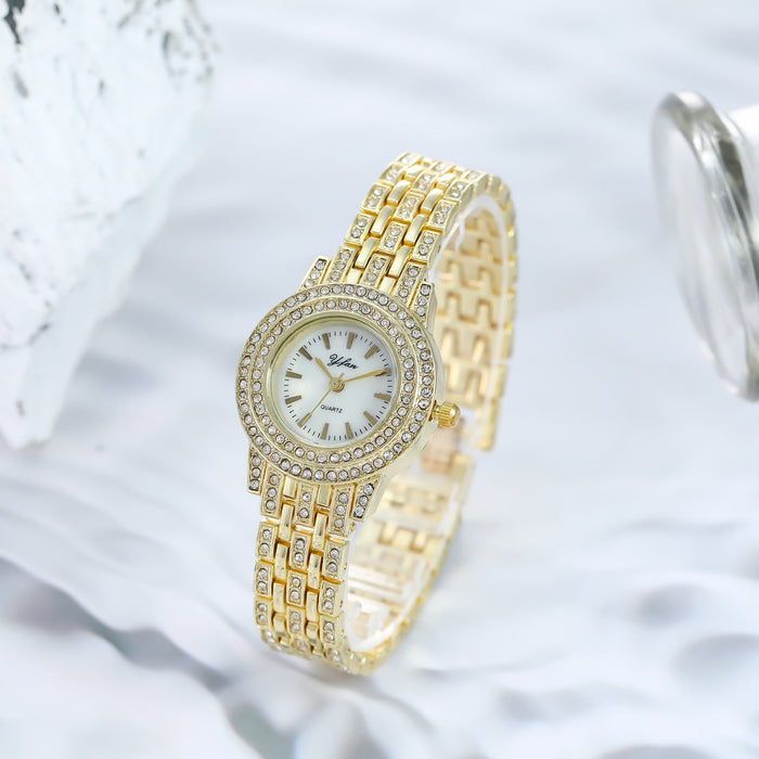 Temperament Gold Quartz Fashion Casual Rhinestone Steel Band Ladies Watch