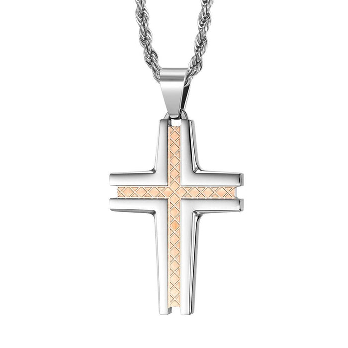 Carved Checkered Stainless Steel Cross Accessory Necklace