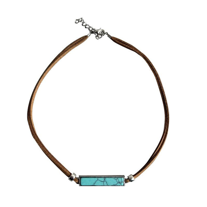Western Long Strip Pine Stone Retro Leather Rope Necklace