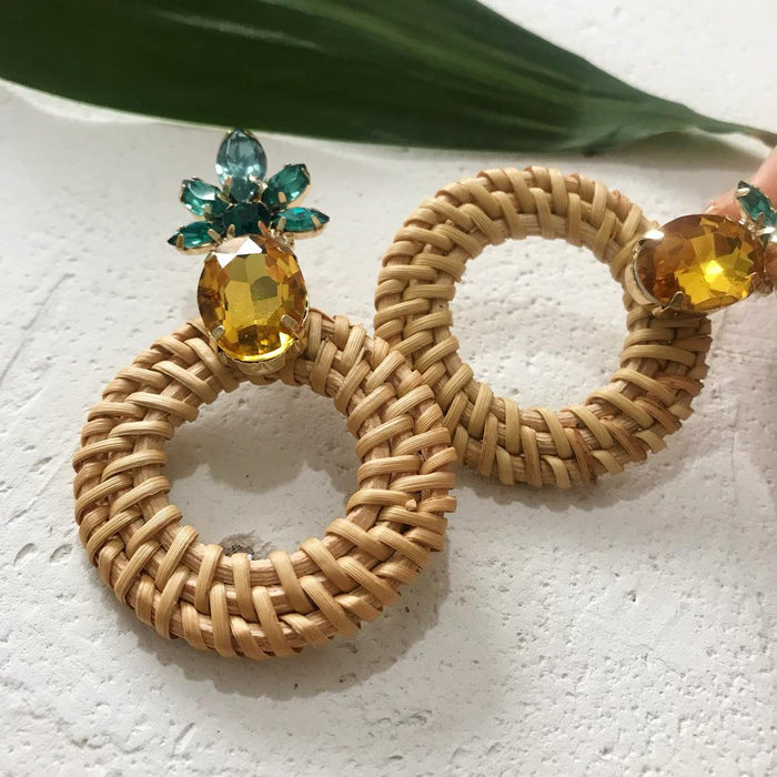 Geometric Round Rhinestone Fruit Pineapple Rattan Earrings