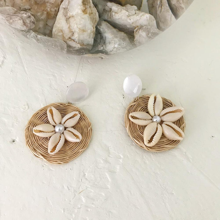 Summer Vacation Water Drop Circular Rattan Earrings