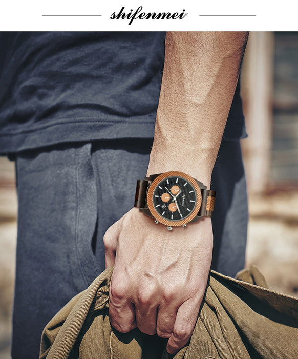 New Fashion Simple Men's Multifunctional Three Needle Wooden Watch