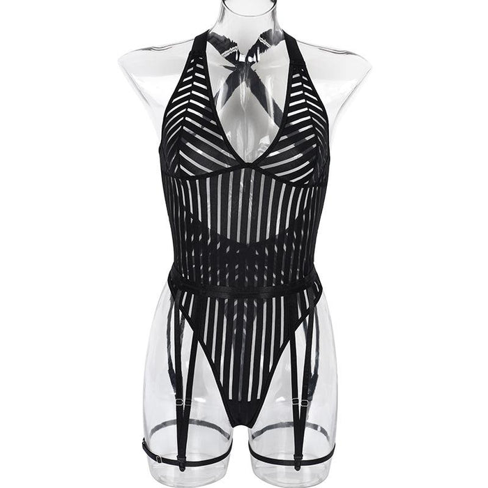 Women's Striped Mesh Underwear Sexy Backless Bodysuit