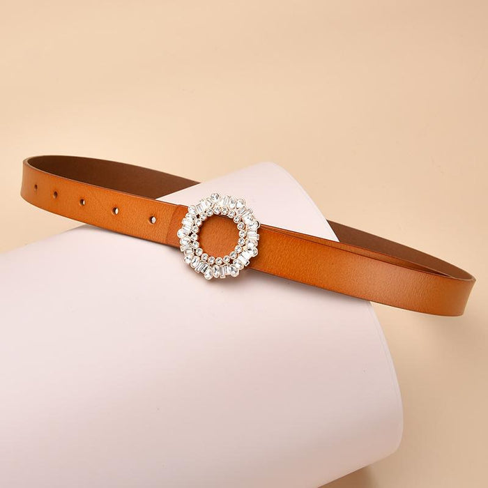 New Women's Inlaid Crystal Diamond Square Buckle Decorative Leather Belt