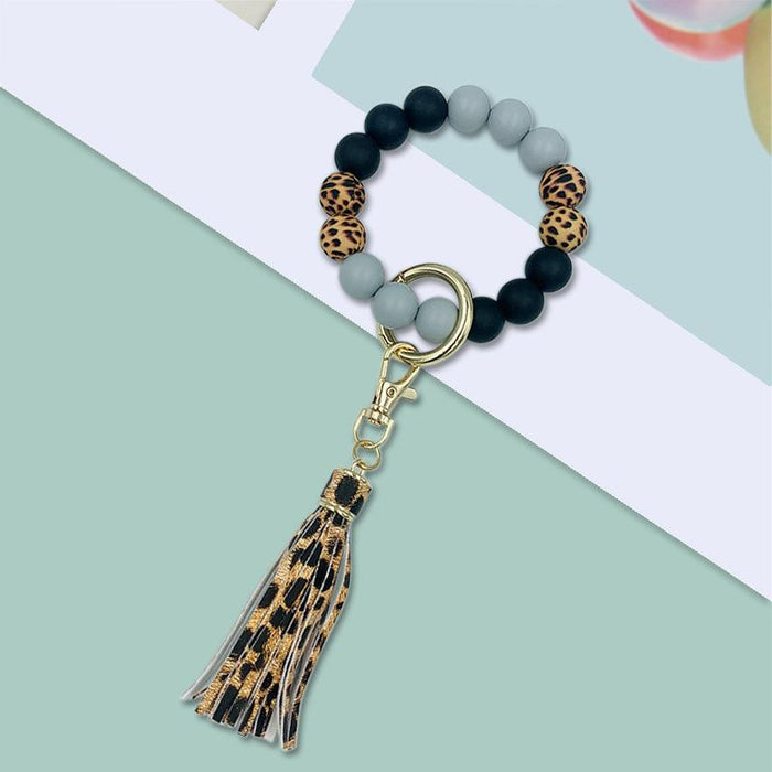 PU Leather Tassel Silicone Bead Bracelet Keychain