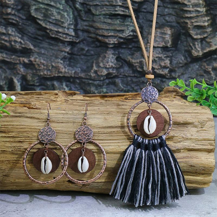 Women's Fashion Hollow Out Tassel Pendant Earring Necklace Set