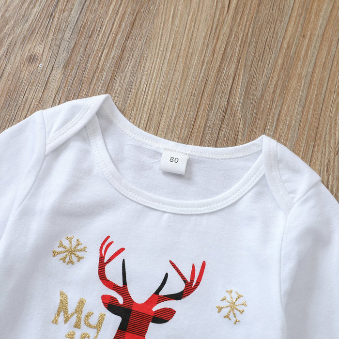 White letter deer long sleeved Khaki creeper striped suspender skirt