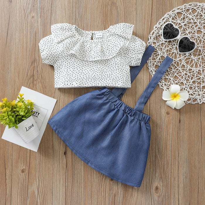 Polka Dot lotus leaf collar short sleeve top doll shirt short shirt blue strap skirt suit
