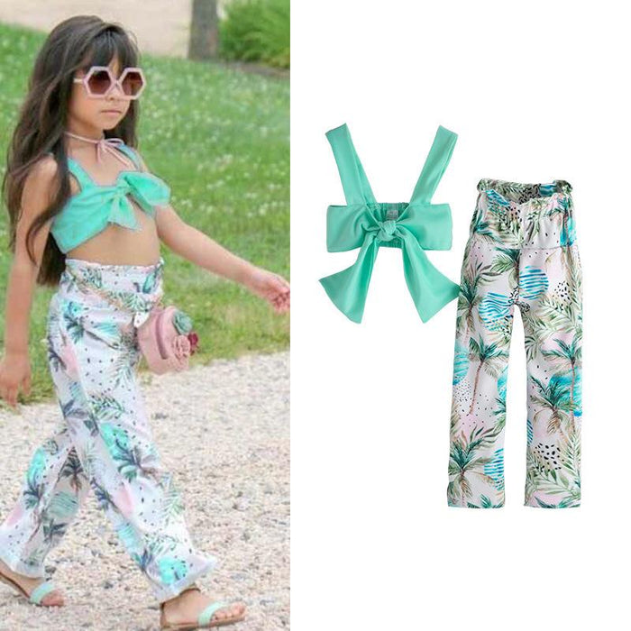 Girl's green printed coconut tree suspender two pieces