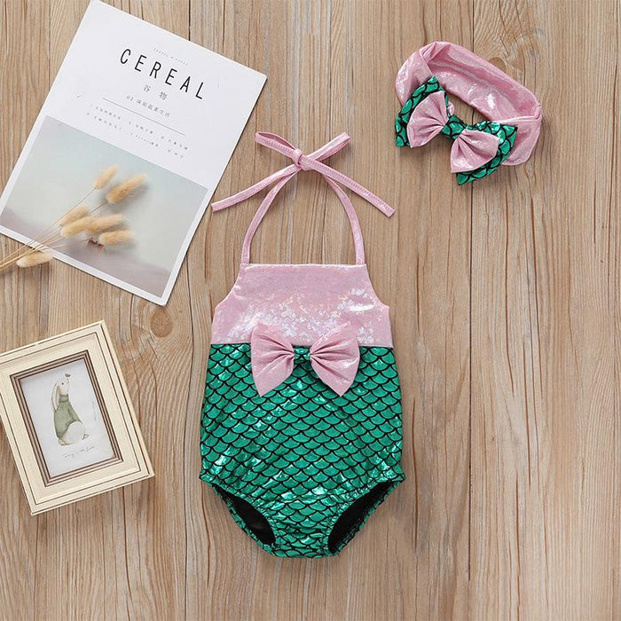 Girls Lovely Mermaid Suspender One-piece Swimsuit Set