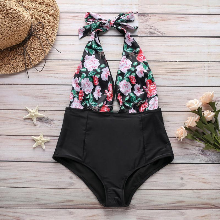 Sexy Stripe Deep V-neck One-piece Bikini Swimsuit