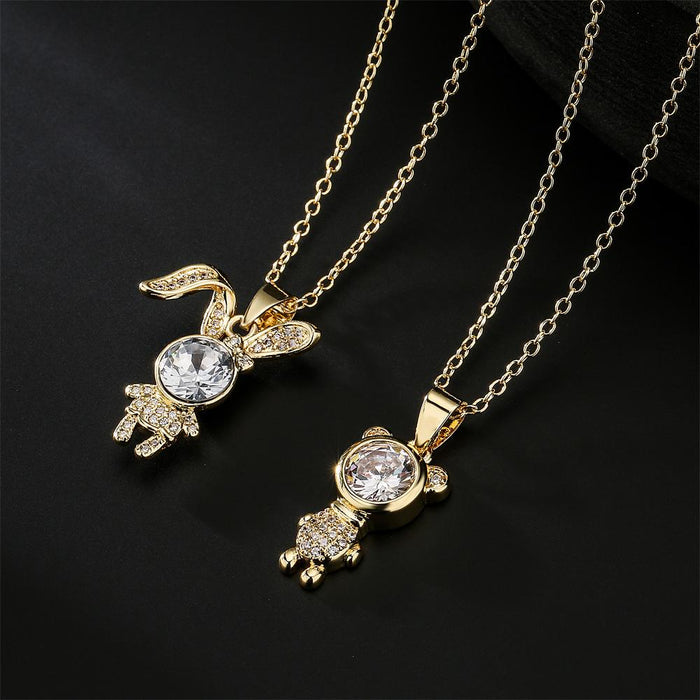 New Cute Animal Zircon Gold Color Bear Rabbit Pendant Necklace
