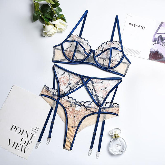 Ladies Embroidered Lace Lingerie Garter Underwear Set