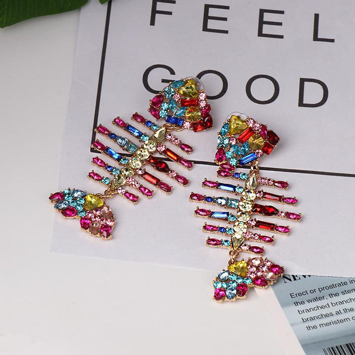 Women's Jewelry Personalized Fishbone Earrings Accessories Inlaid Rhinestone