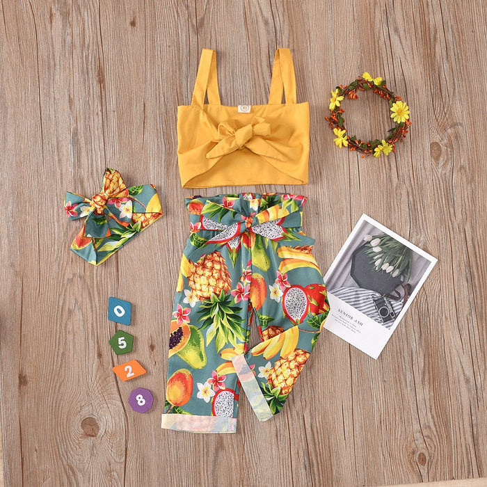 Suspender fruit printed pants hair accessories set