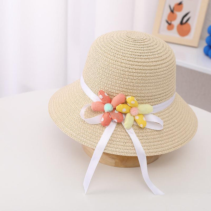 Summer Trendy Flower Streamer Children's Straw Hat Bag Set