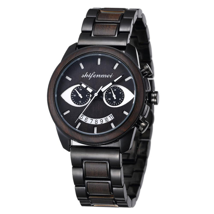 New Men's Wooden Fashion Smiling Face Steel Band Wristwatch