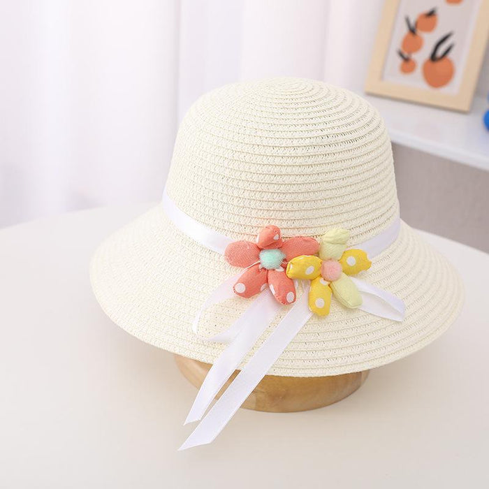 Summer Trendy Flower Streamer Children's Straw Hat Bag Set