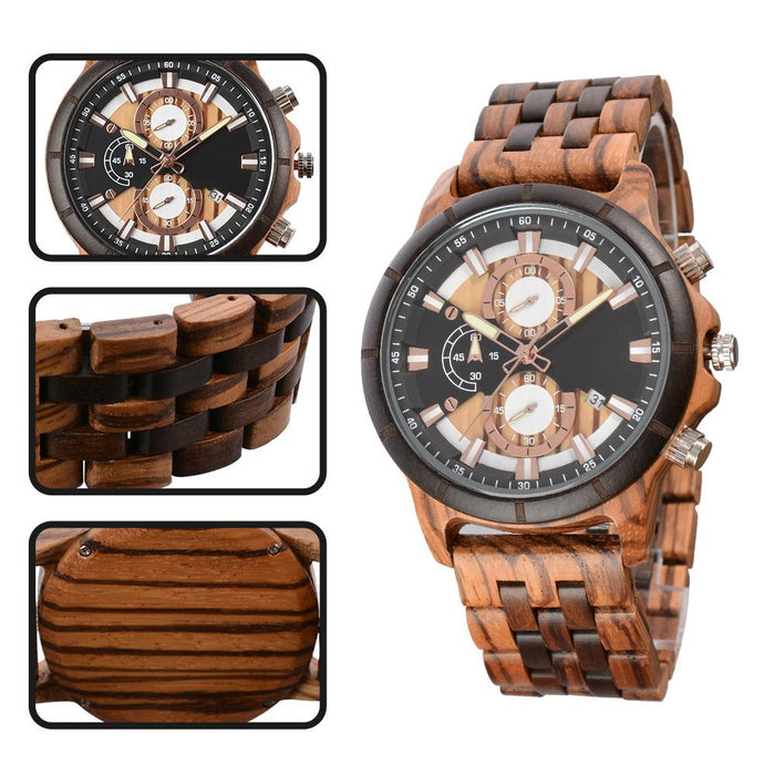 New Men's Business Multifunctional Luminous Large Dial Wooden Quartz Watch