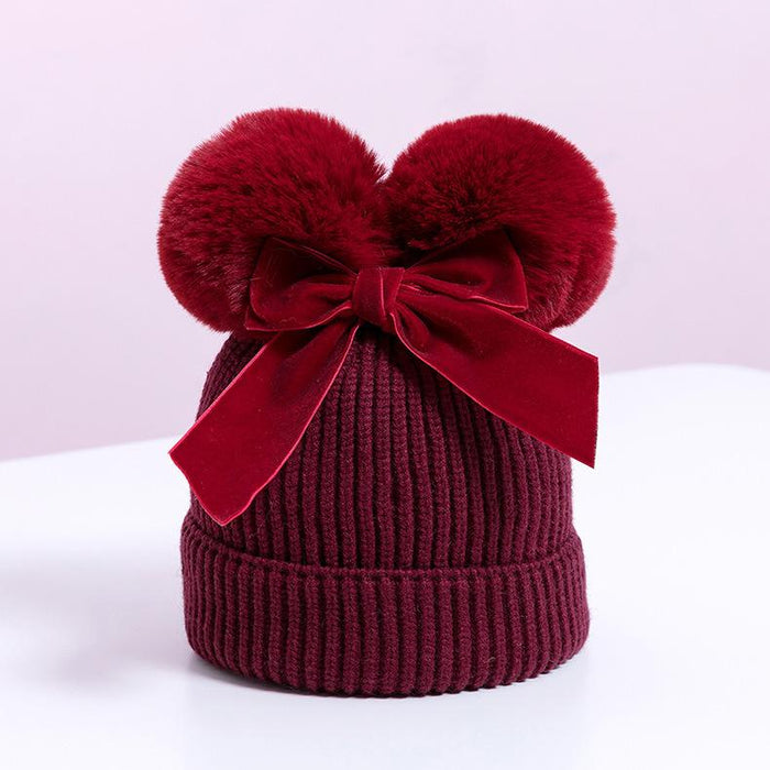 Double Plush Ball Kids Thickened Knit Bow Hat