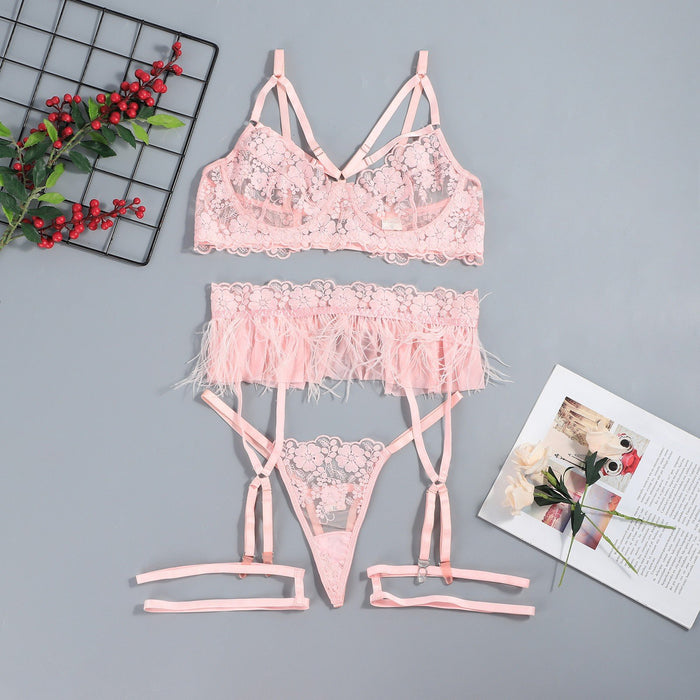 Sexy Embroidered Mesh Underwear Women Garter Lingerie Set