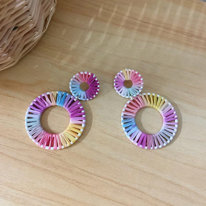 Colorful Lafite Woven Geometric Double Round Earrings Jewelry