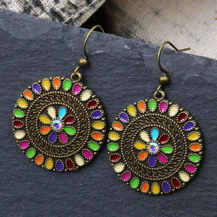 Alloy Geometric Round Vintage Flower Rhinestone Earrings