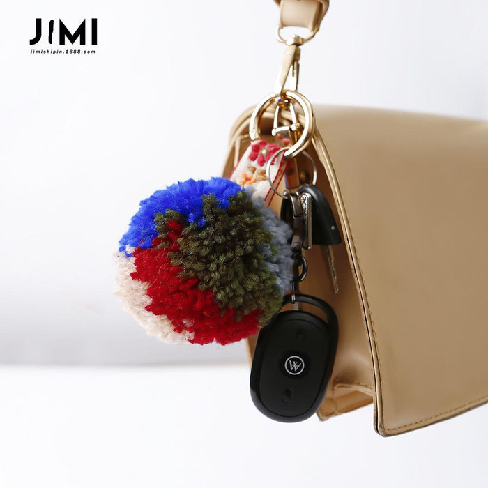 Hand Braided Boho Colored Pom Pom Keychain