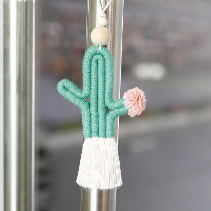 Hand Woven Cactus Pendant Cotton Rope Wood Bead Tassel Pendant