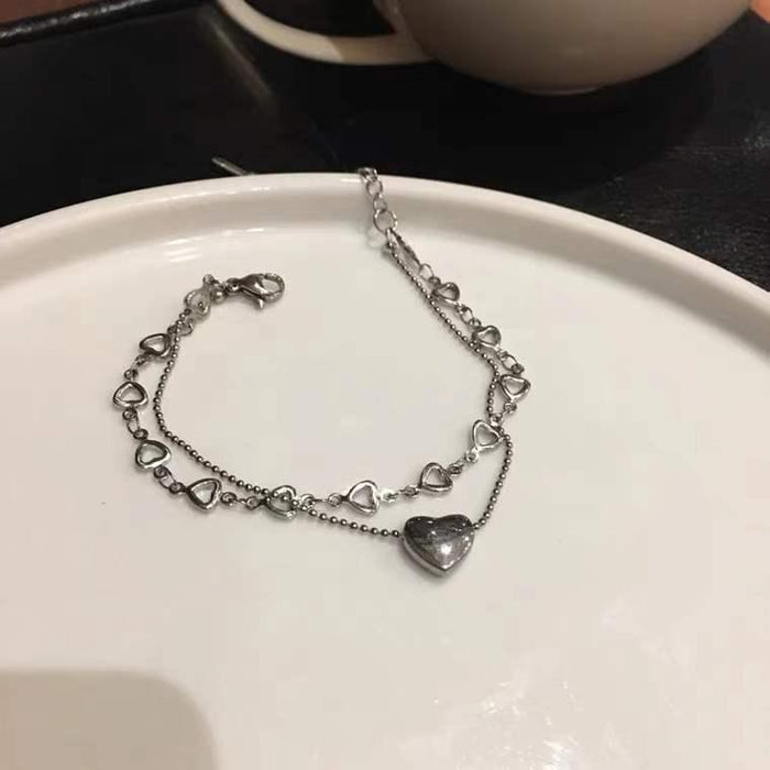 Niche Design Double-layer Hollow Silvercolour Love Bracelet