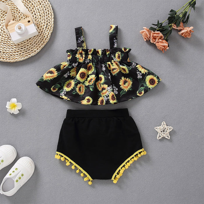 Drawstring suspender skirt top sunflower Print Shorts