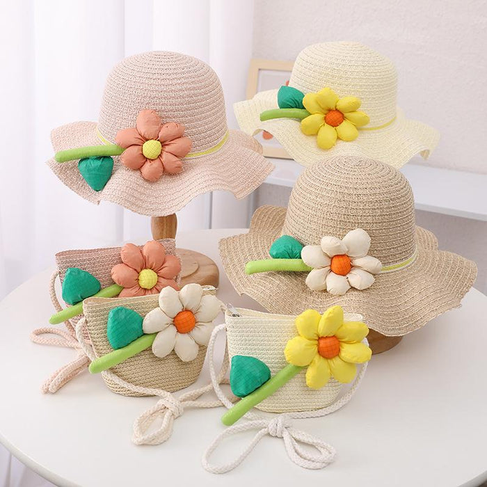 Trendy Three-dimensional Five-petal Flower Children's Wavy Straw Hat Bag Set