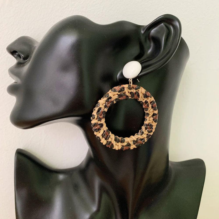 colourful Leopard Print Fashion Hand Woven Exaggerated Rattan Earrings Jewelry