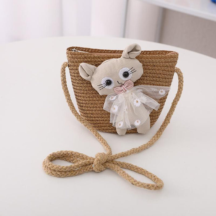 Summer Trendy Lace Cat Children's Grass Bucket Hat Bag Set